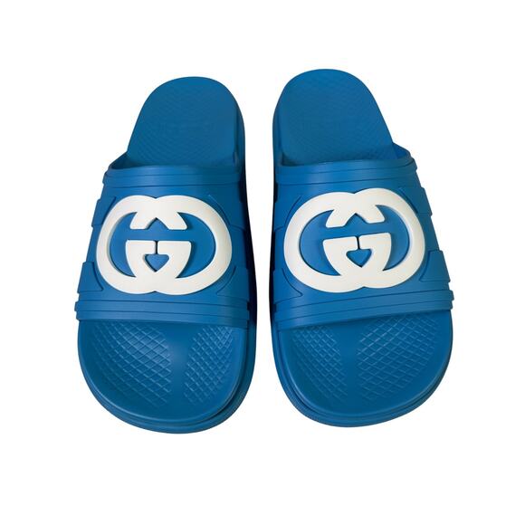 NIB Gucci Rubber Slide Sandals Blue with White GG Logo UK9 US9.5 - Picture 1 of 9